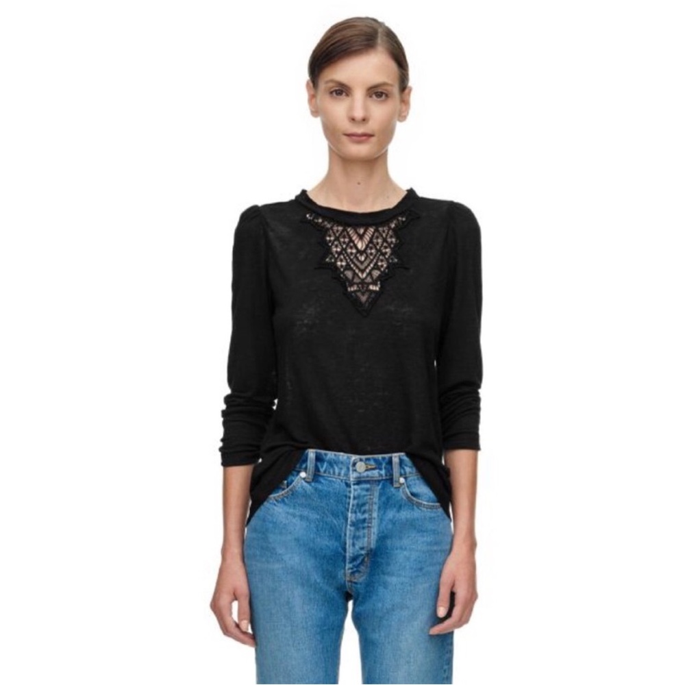 Rebecca Taylor black Long sleeve linen jersey and lace tee top shirt large